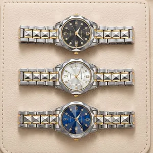 Detailed close-up of quartz watches with diamond indexes and dual calendar display