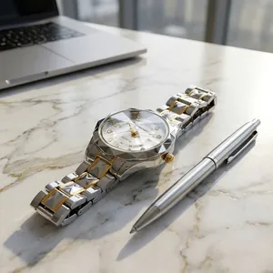 Close-up of dual-calendar quartz watch with diamond-cut bezel on marble desk