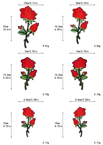 Tableau des tailles pour quatre dimensions d'écussons brodés rose rouge avec poids