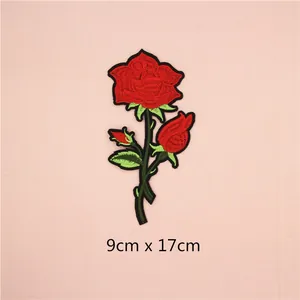 Patch brodé rose rouge avec feuilles vertes pour vêtements DIY, taille 9cm x 17cm