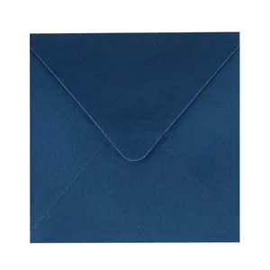 Navy blue square pearlescent paper envelope with elegant V-flap closure on white background