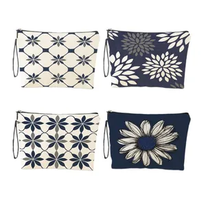 Multifunctional double-sided canvas toiletry bags with floral and geometric prints