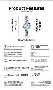 Detailed specifications of small stainless steel women watch with dimensions and weight