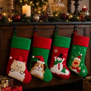 Detail of Christmas stocking set with cat, dog, snowman and reindeer embroidery