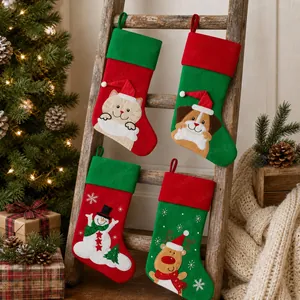 Detailed view of four Christmas stockings with 3D animal appliques on a wooden ladder