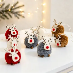 Set of four plush reindeer Christmas tree ornaments in red white grey and brown colors