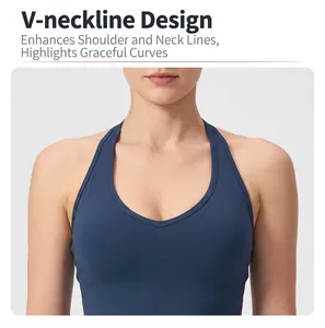 Detail shot of the V-neck design on this navy blue brushed yoga sports bra top