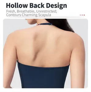 Macro view of seamless racerback design on navy blue athletic yoga sports vest
