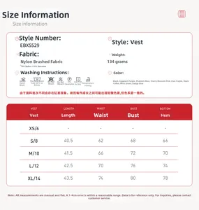 Size chart for V-neck halter yoga tank top with fabric specs and measurements