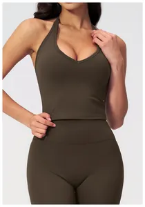 Halter deep V-neck sport vest and high-waist leggings in matte dark brown fabric