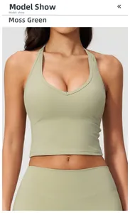 Detailed front view of a moss green V-neck halter yoga vest on a model in close-up