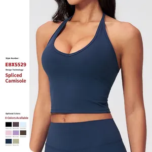 Women Halter Neck Yoga Tank Top V-Neck Slim Fit Brushed Fabric Sports Vest Backless Athletic Bras for Running Fitness Workout