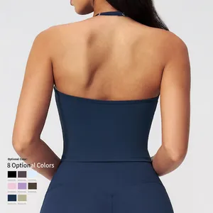 Women's backless yoga set with V-neck halter top and high-waisted leggings in navy blue
