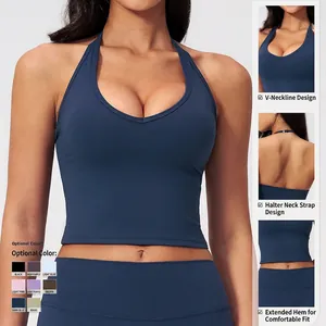 Halter neck V-neck yoga sports vest with deep blue fitted cut and cross back detail