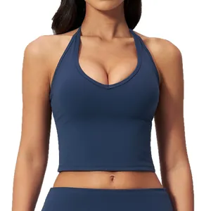 Dark blue halter neck yoga sports vest with deep V-neck and high elasticity fabric