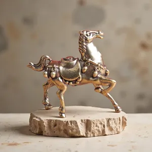 Close-up of antique copper horse figurine with intricate saddle detail on stone base