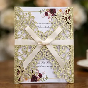 Elegant Laser Cut Wedding Invitation Cards Glitter Hollow Invitation Set With Ribbon Bow For Wedding Quinceañera Party Supplies