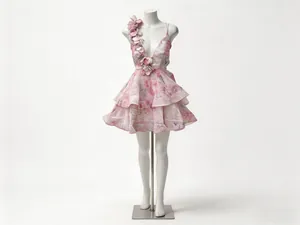 Detail view of pink floral mini dress featuring 3D fabric flower and deep V-neckline