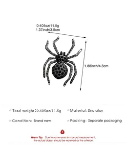 Detailed dimensions of the black rhinestone spider brooch with size and weight info