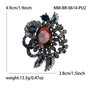 Vintage floral glass brooch with red stone and blue rhinestones for women clothing
