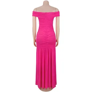 Detailed back view of a fuchsia off-shoulder bodycon dress with ruching and zipper
