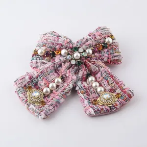 Vintage Luxurious Tweed Hair Accessory Set With Faux Artificial Pearls And Rhinestones Elegant Headband Hair Clip Bracelet For Women