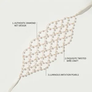 Close-up of handmade diamond mesh pearl headband with gold wire and silk ribbons