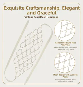 Detail of handmade pearl mesh headband with intricate wire weaving and satin ribbons