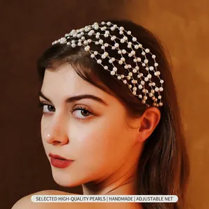 Handmade Beaded Artificial Pearl Mesh Headband Elegant Bridal Hair Band Gold Alloy Wire Ribbon Tie Hair Accessory For Women Wedding Party