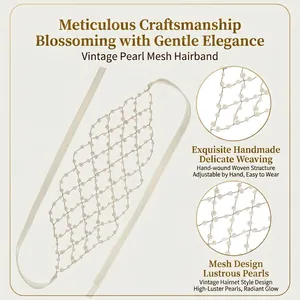 French retro bridal headband with handmade pearl mesh design and adjustable ribbon