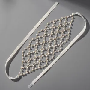 French style pearl mesh headband with gold wire weaving and white satin ribbons