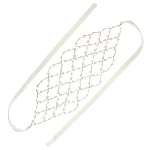 Elegant French pearl mesh headband with gold wire grid and white silk ribbon for brides
