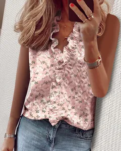 Camicetta rosa a fiori senza maniche da donna con scollo a V a balze e jeans blu