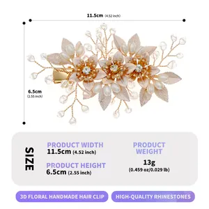 Barrette fleurie en perles faite main avec feuilles 3D dorées et strass brillants