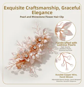 Détail macro d'une pince à cheveux fleurie en perles avec branche en cuivre ajustable
