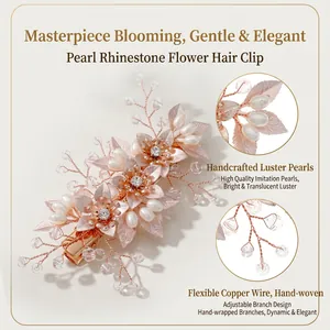 Pince à cheveux fleur faite main en or rose avec perles et strass pour coiffure mariée