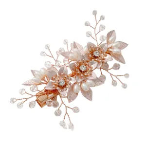 Barrette florale élégante avec perles et feuilles or rose pour coiffure mariée
