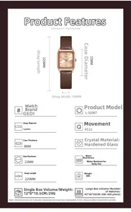 Spécifications détaillées de la montre quartz carrée avec bracelet en cuir et dimensions