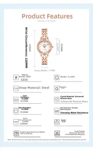 Tabella specifiche orologio da donna con cristalli e cinturino in acciaio impermeabile