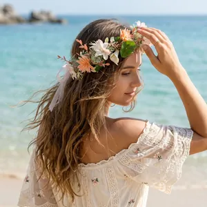 Close-up of floral crown with pink ribbons and white lace dress on beach background