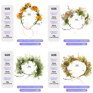 Size chart showing width, length and weight for four floral headband variants