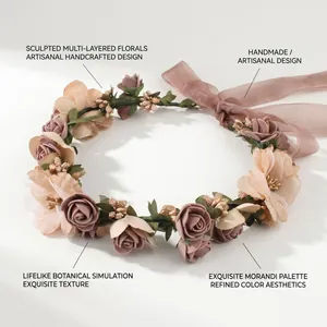 Detailed macro view of handmade morandi floral headband with satin ribbon and gold beads