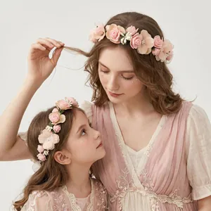 Flower Crown Headband Floral Garland Hair Vine Bridal Wedding Wreath Bohemian Forest Fabric Accessory Women Girls Ribbon