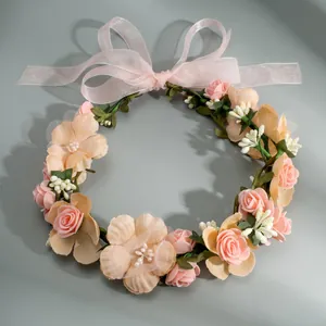 Handmade floral headband crown with peach roses and pink organza ribbons for weddings