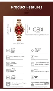 Spécifications de montre quartz rouge pour femme avec boîtier acier doré 30mm