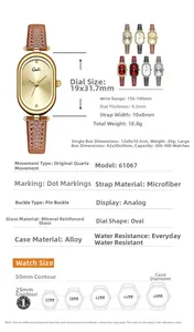 Detailed specifications of the Gedi oval quartz watch with brown leather strap and gold case