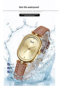 Detailed view of the vintage oval watch showing 30m water resistance with water splashes