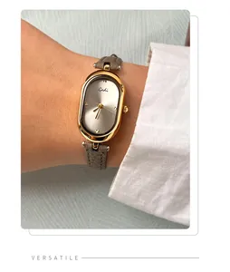 Close-up of elegant oval gold watch with grey leather strap on a woman's wrist