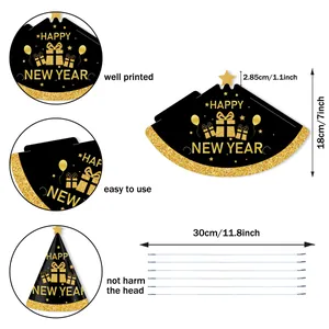 Black and gold Happy New Year 2027 cone party hats with glitter and elastic strings