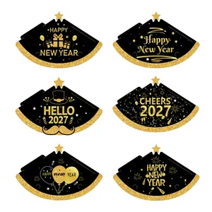 Set of six 2027 New Year party paper hats in black and gold glitter with festive designs